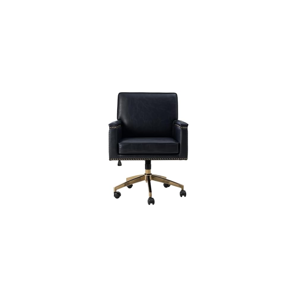 HULALA HOME Faux Leather Office Desk Chair with Rocking Tilt Function, Transitional Executive Chair with Swivel Metal Base and Nailhead Trim, Height Adjustable Upholstered Computer Task Chair, Navy