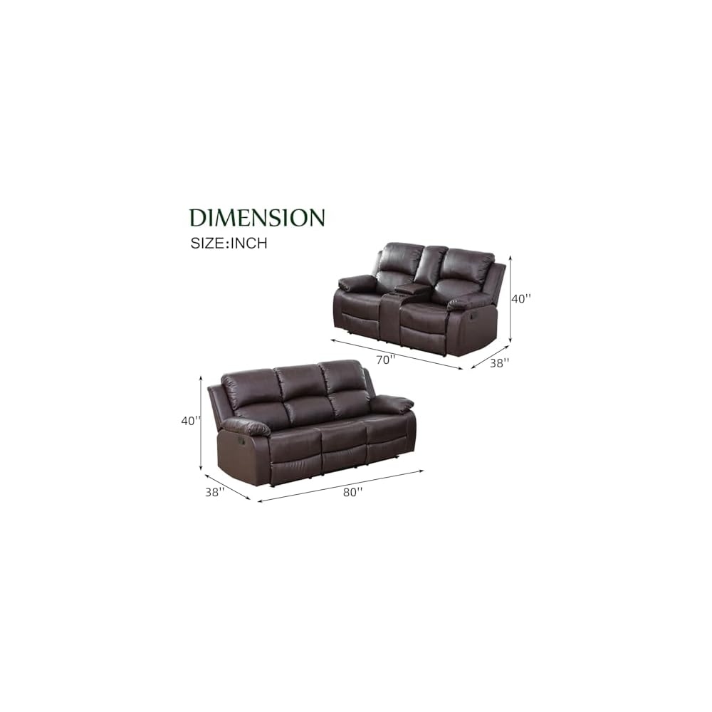 2 Pieces Leather Recliner Sofa Set，Recliner Sofa and Loveseat Sets for Living Room Furniture，Brown Reclining Couch with 4 Recliners for Living Room/Office/Theater Seating(Sofa Set 2 Pieces)