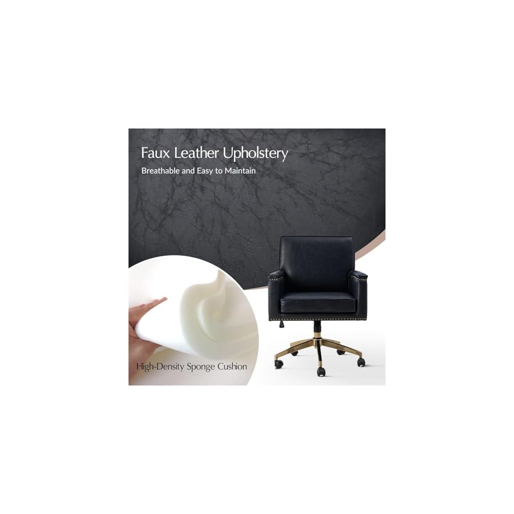 HULALA HOME Faux Leather Office Desk Chair with Rocking Tilt Function, Transitional Executive Chair with Swivel Metal Base and Nailhead Trim, Height Adjustable Upholstered Computer Task Chair, Navy