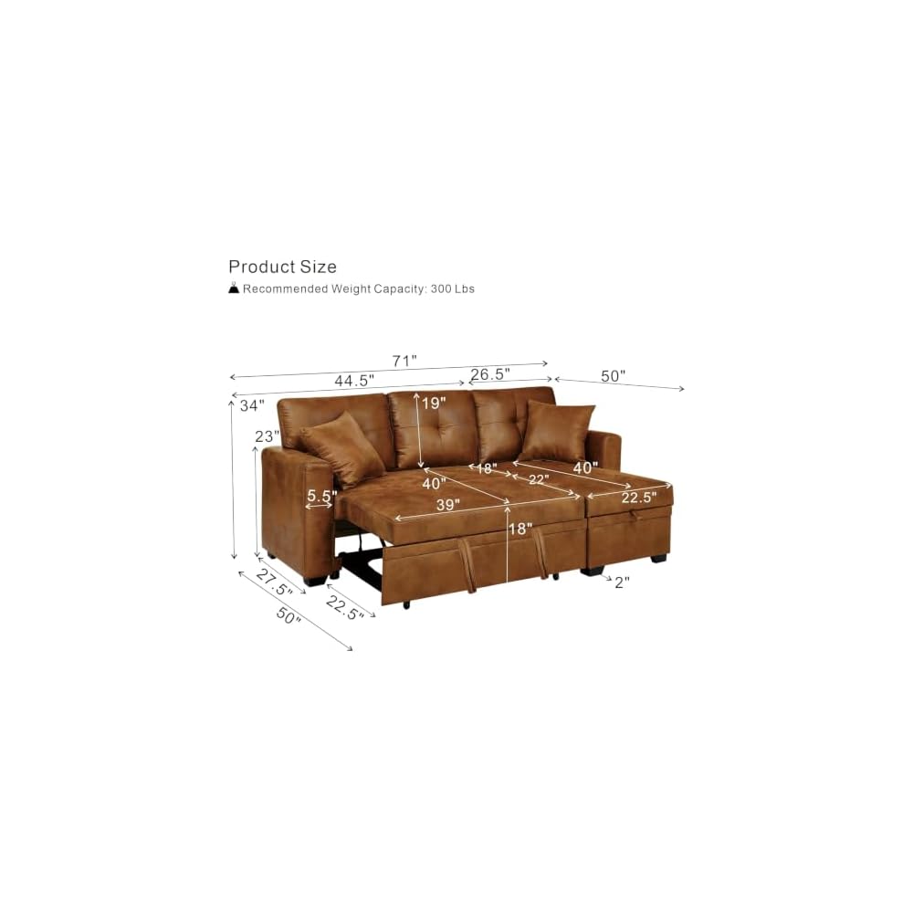 71" Faux Leather Luxury Modular Sleeper Sofa Bed with Storage, 3-in-1 Convertible Pull-Out Couch, Modern Sectional Queen Size Sofa Bed, for Bedroom, Living Room, Apartment, Rv (Light brown, 71inch)
