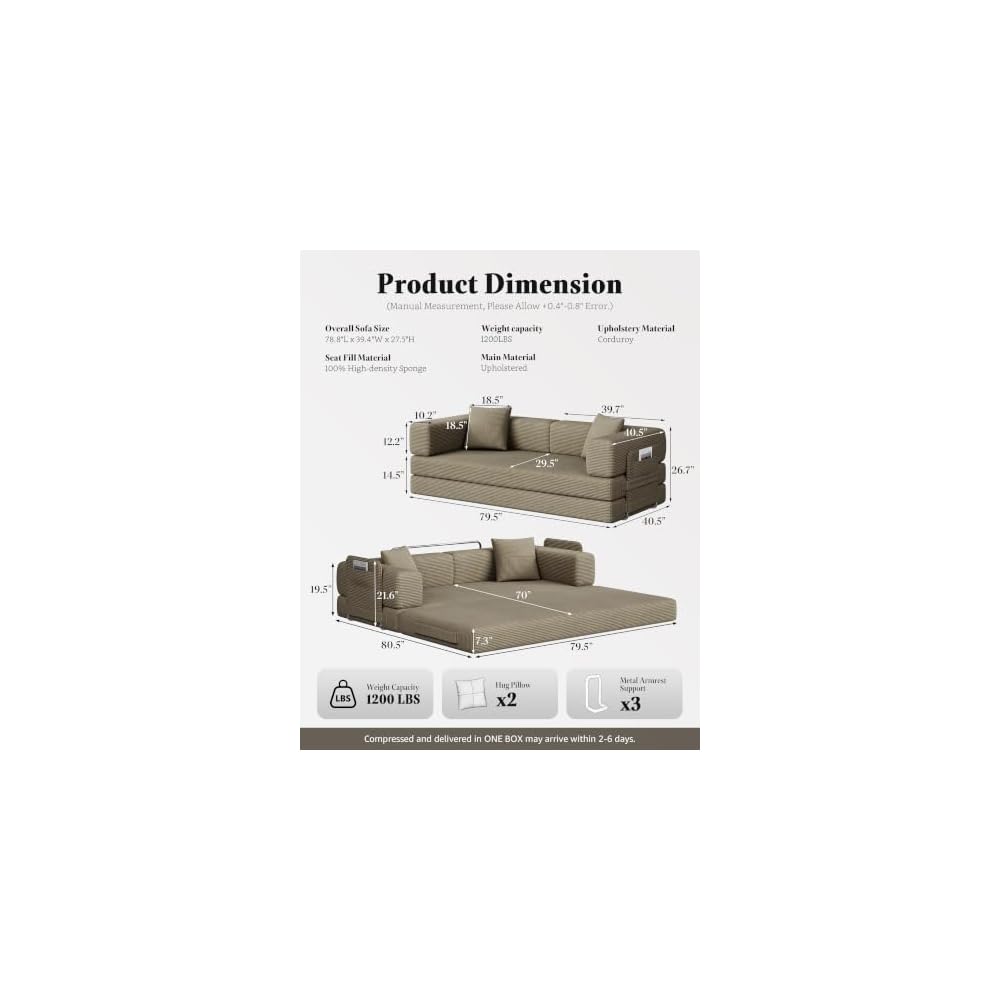 79.5" Convertible Floor Sofa Bed, 5-In-1 Corduroy Futon Couch, No Assembly
