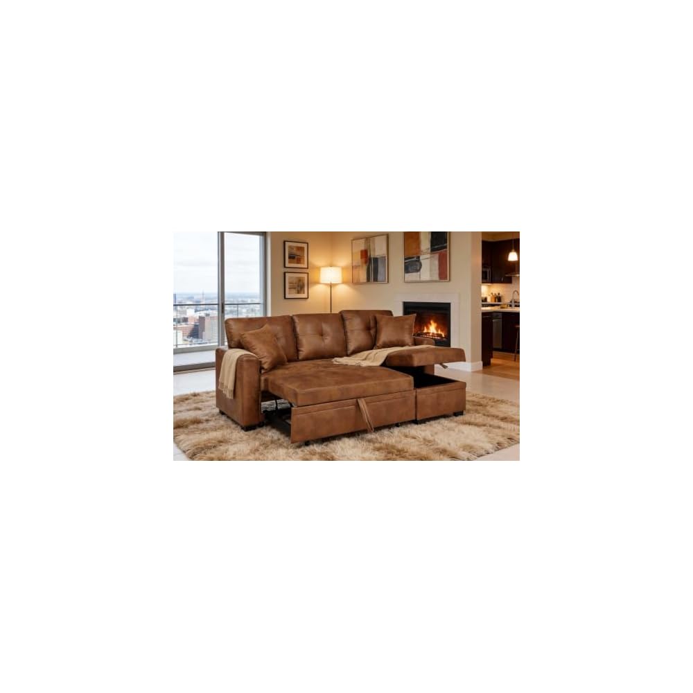 71" Faux Leather Luxury Modular Sleeper Sofa Bed with Storage, 3-in-1 Convertible Pull-Out Couch, Modern Sectional Queen Size Sofa Bed, for Bedroom, Living Room, Apartment, Rv (Light brown, 71inch)