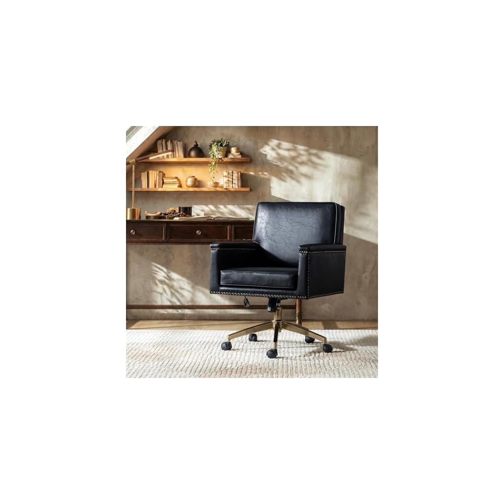 HULALA HOME Faux Leather Office Desk Chair with Rocking Tilt Function, Transitional Executive Chair with Swivel Metal Base and Nailhead Trim, Height Adjustable Upholstered Computer Task Chair, Navy