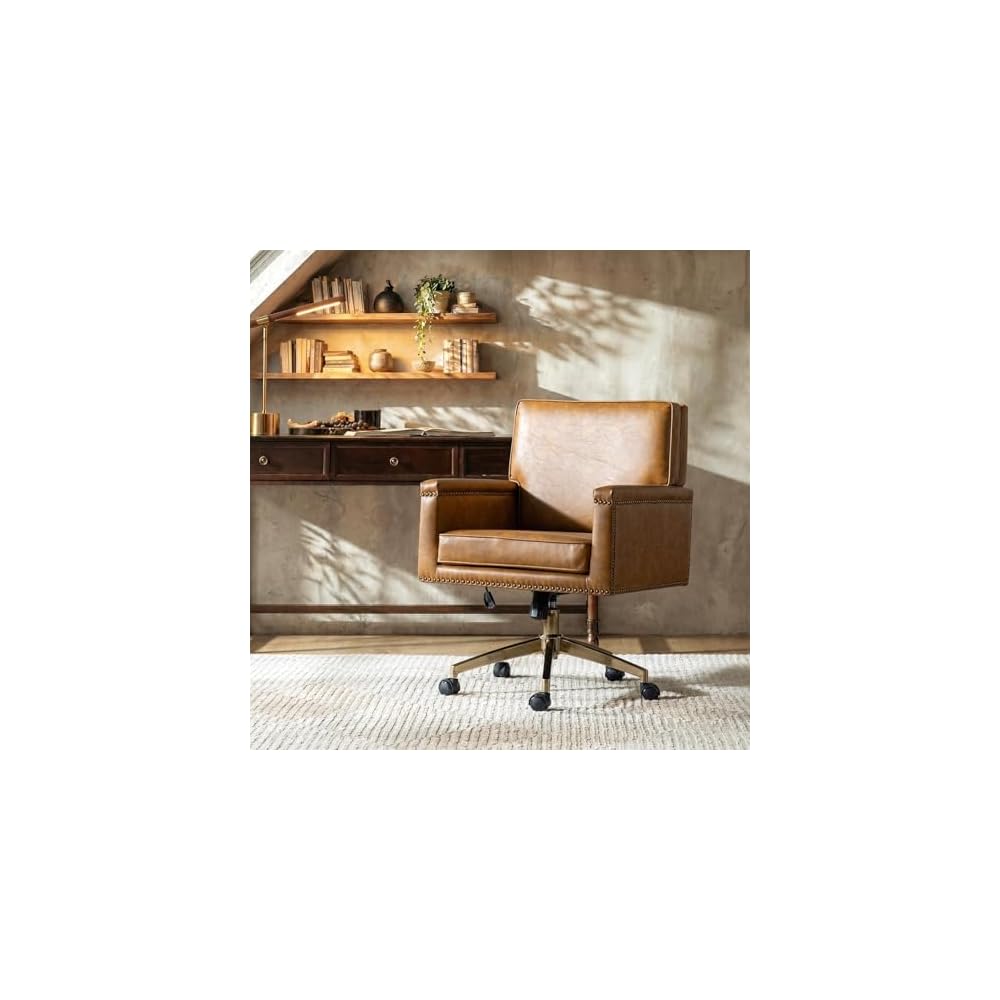 HULALA HOME Faux Leather Office Desk Chair with Rocking Tilt Function, Transitional Executive Chair with Swivel Metal Base and Nailhead Trim, Height Adjustable Upholstered Computer Task Chair, Navy