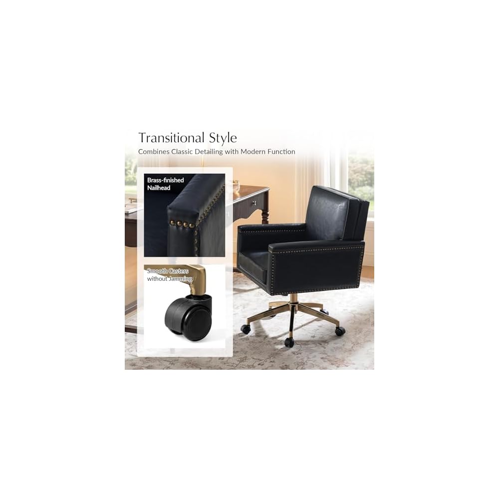 HULALA HOME Faux Leather Office Desk Chair with Rocking Tilt Function, Transitional Executive Chair with Swivel Metal Base and Nailhead Trim, Height Adjustable Upholstered Computer Task Chair, Navy