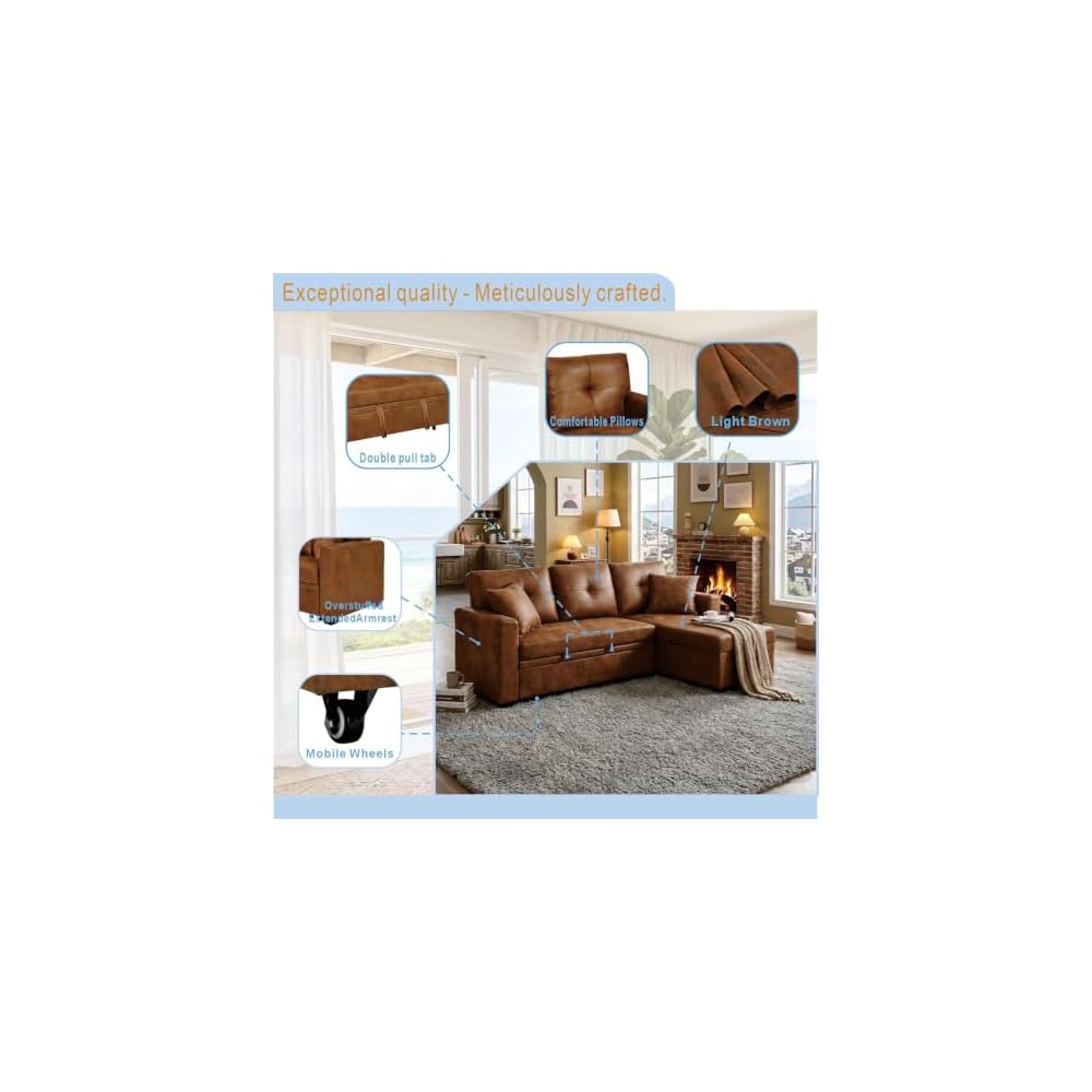 71" Faux Leather Luxury Modular Sleeper Sofa Bed with Storage, 3-in-1 Convertible Pull-Out Couch, Modern Sectional Queen Size Sofa Bed, for Bedroom, Living Room, Apartment, Rv (Light brown, 71inch)