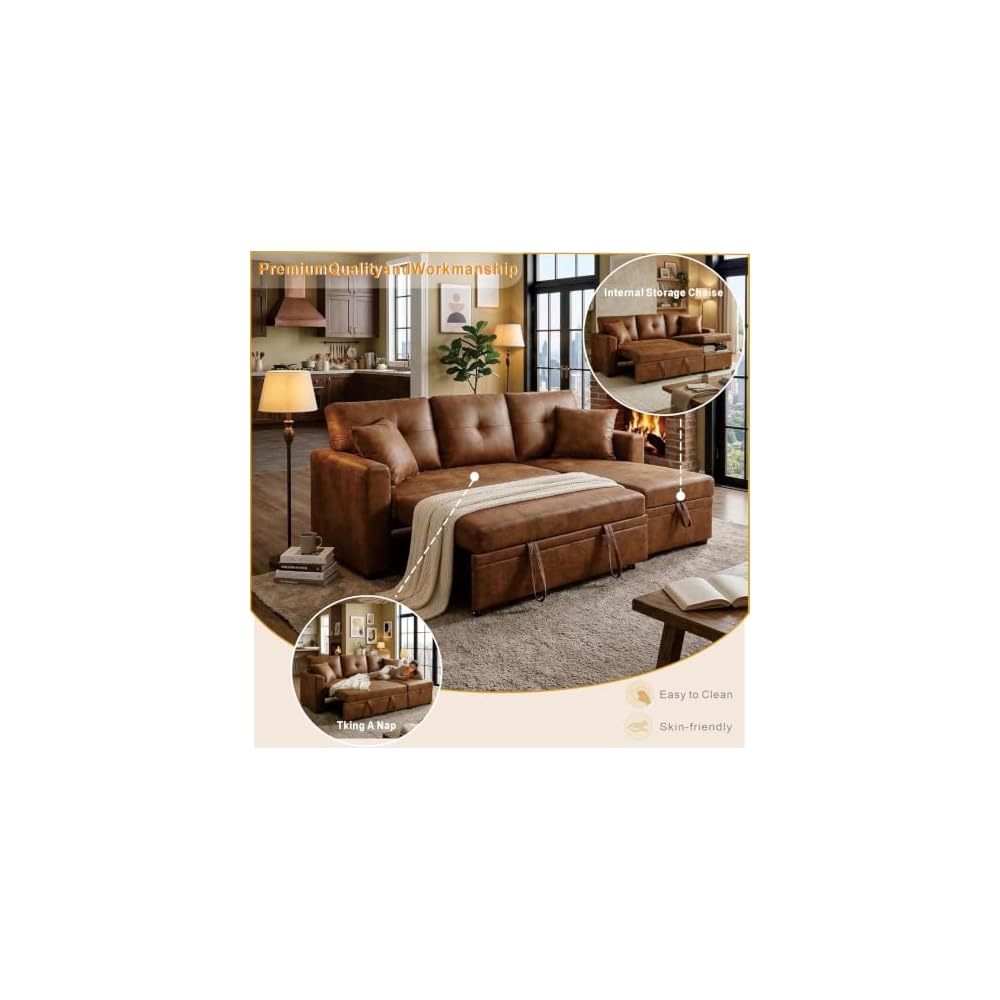 71" Faux Leather Luxury Modular Sleeper Sofa Bed with Storage, 3-in-1 Convertible Pull-Out Couch, Modern Sectional Queen Size Sofa Bed, for Bedroom, Living Room, Apartment, Rv (Light brown, 71inch)