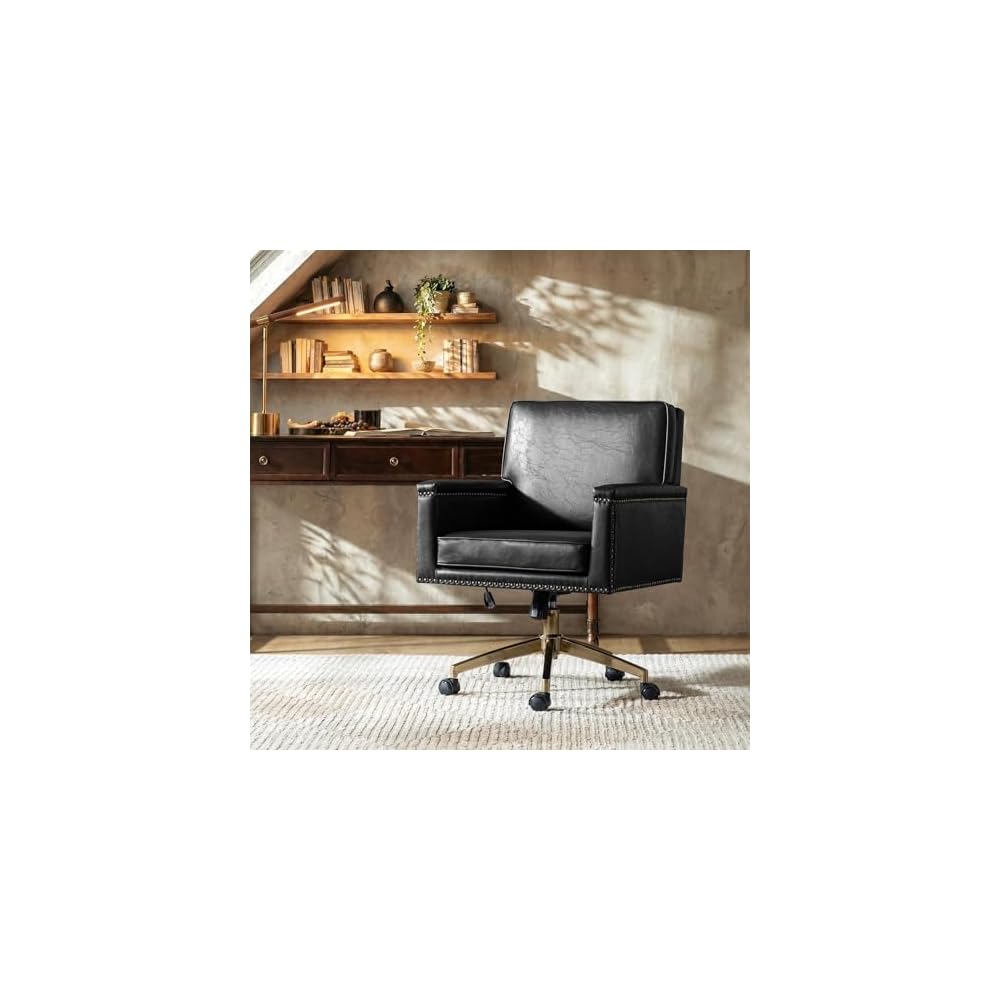 HULALA HOME Faux Leather Office Desk Chair with Rocking Tilt Function, Transitional Executive Chair with Swivel Metal Base and Nailhead Trim, Height Adjustable Upholstered Computer Task Chair, Navy