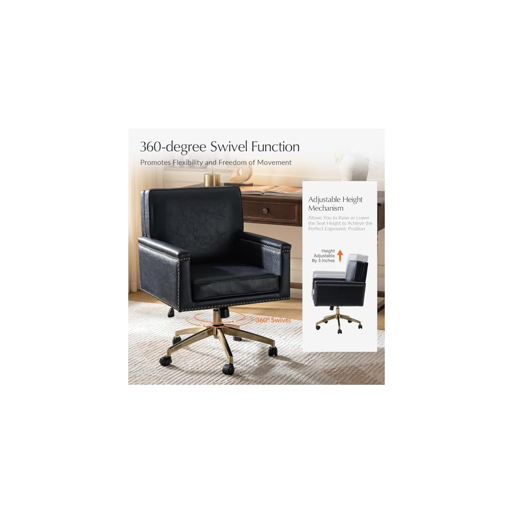 HULALA HOME Faux Leather Office Desk Chair with Rocking Tilt Function, Transitional Executive Chair with Swivel Metal Base and Nailhead Trim, Height Adjustable Upholstered Computer Task Chair, Navy