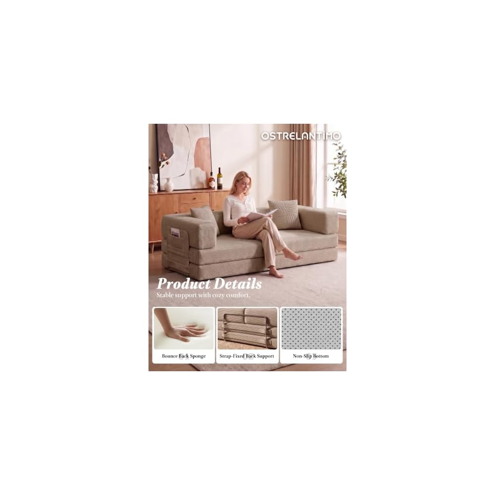 79.5" Convertible Floor Sofa Bed, 5-In-1 Corduroy Futon Couch, No Assembly