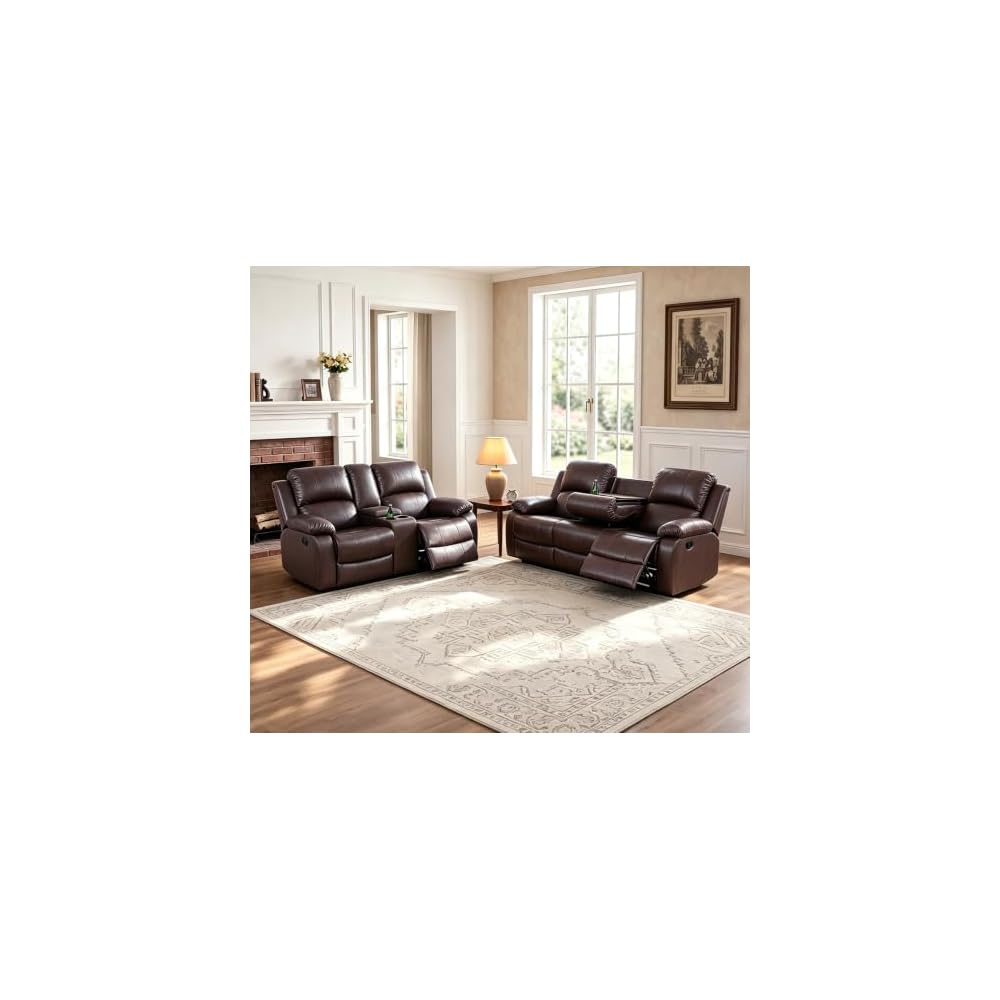2 Pieces Leather Recliner Sofa Set，Recliner Sofa and Loveseat Sets for Living Room Furniture，Brown Reclining Couch with 4 Recliners for Living Room/Office/Theater Seating(Sofa Set 2 Pieces)