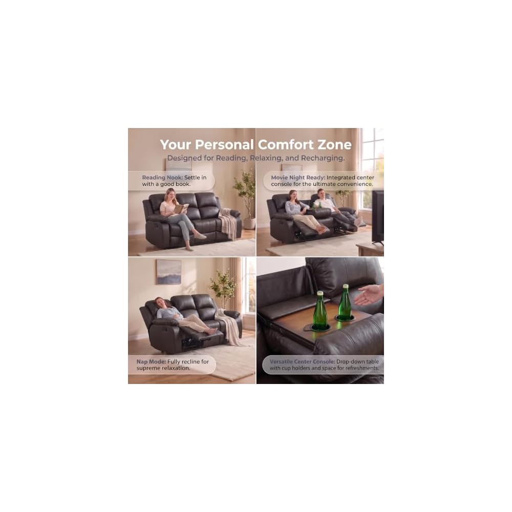 2 Pieces Leather Recliner Sofa Set，Recliner Sofa and Loveseat Sets for Living Room Furniture，Brown Reclining Couch with 4 Recliners for Living Room/Office/Theater Seating(Sofa Set 2 Pieces)