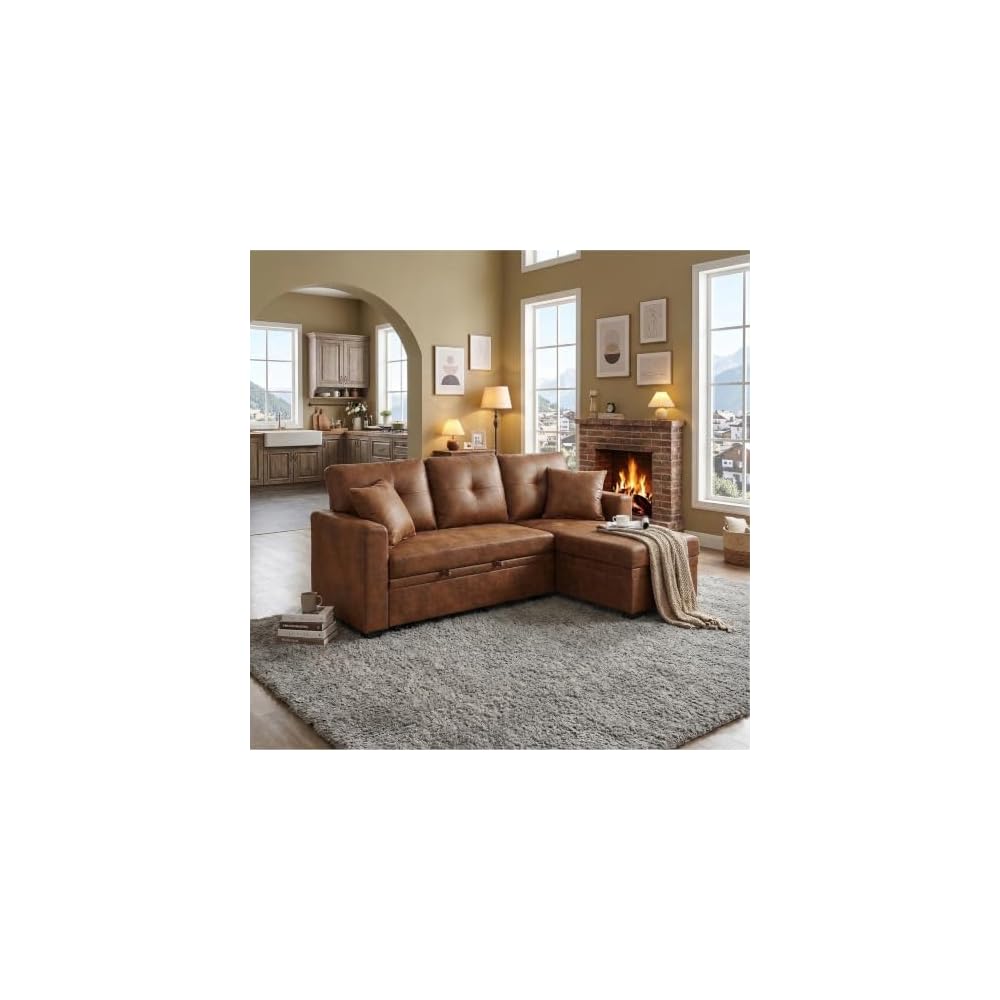 71" Faux Leather Luxury Modular Sleeper Sofa Bed with Storage, 3-in-1 Convertible Pull-Out Couch, Modern Sectional Queen Size Sofa Bed, for Bedroom, Living Room, Apartment, Rv (Light brown, 71inch)