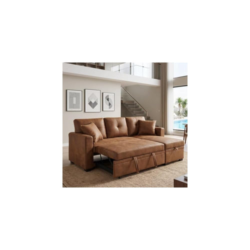 71" Faux Leather Luxury Modular Sleeper Sofa Bed with Storage, 3-in-1 Convertible Pull-Out Couch, Modern Sectional Queen Size Sofa Bed, for Bedroom, Living Room, Apartment, Rv (Light brown, 71inch)