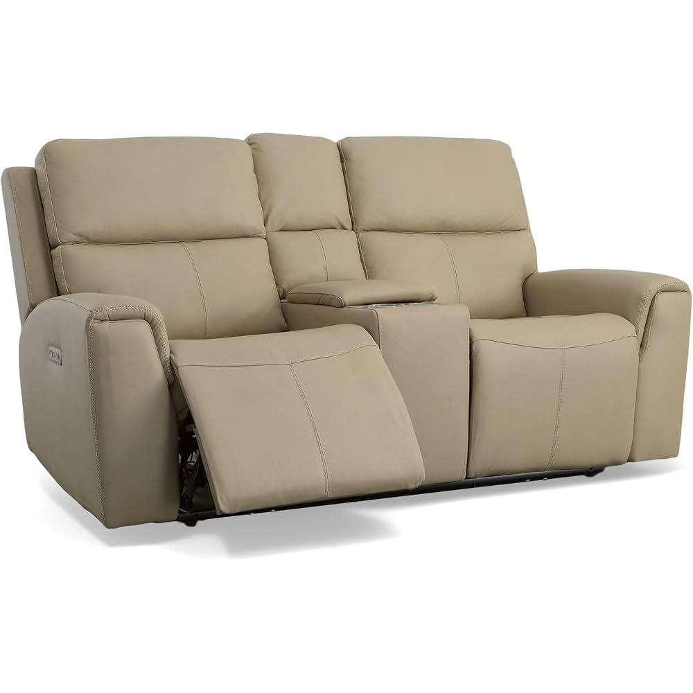 Flexsteel Parchment Leather Power Reclining Loveseat with Console & Power Headrests