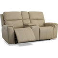 Flexsteel Parchment Leather Power Reclining Loveseat with Console & Power Headrests