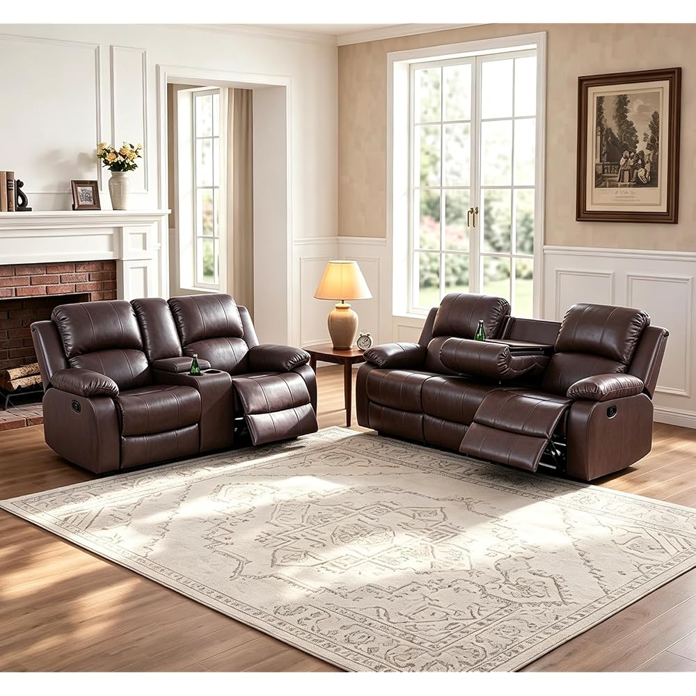 2 Pieces Leather Recliner Sofa Set，Recliner Sofa and Loveseat Sets for Living Room Furniture，Brown Reclining Couch with 4 Recliners for Living Room/Office/Theater Seating(Sofa Set 2 Pieces)