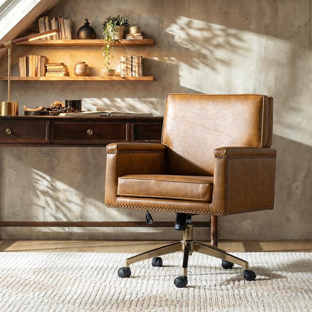 HULALA HOME Faux Leather Office Desk Chair with Rocking Tilt Function, Transitional Executive Chair with Swivel Metal Base and Nailhead Trim, Height Adjustable Upholstered Computer Task Chair, Navy