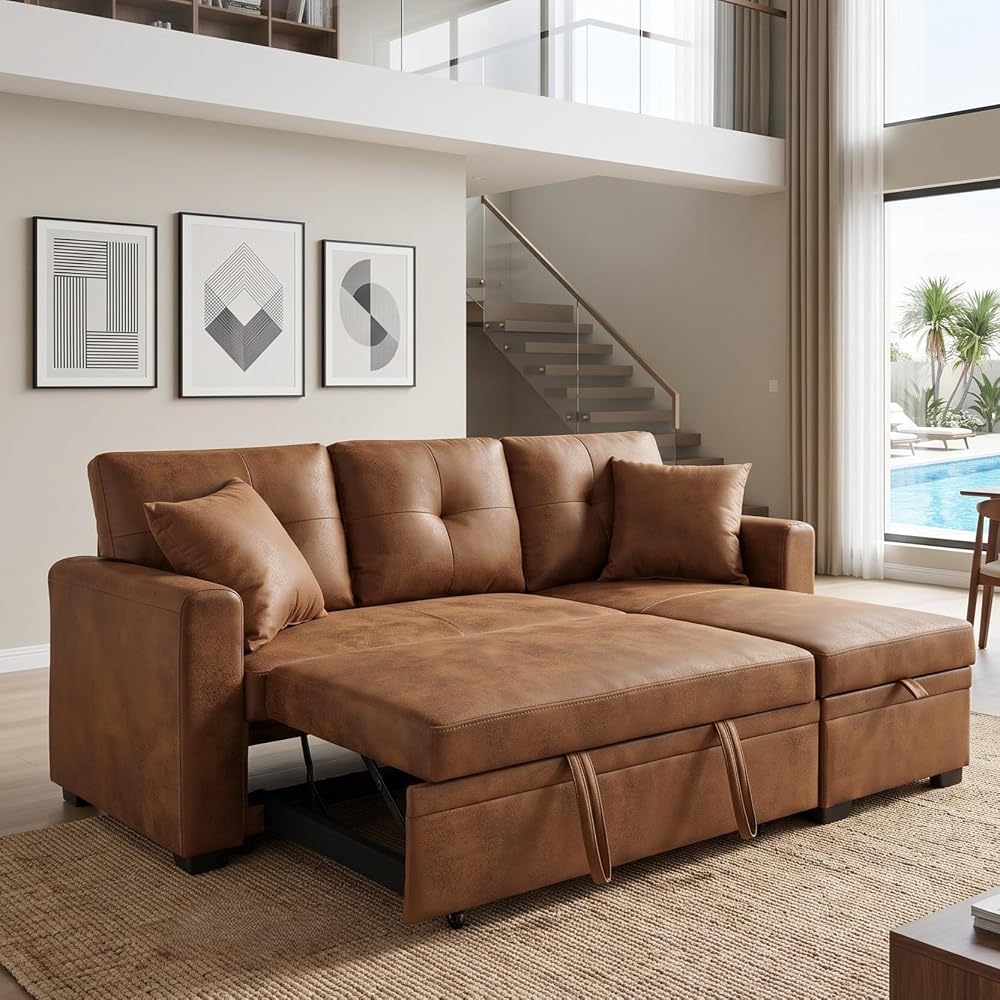 71" Faux Leather Luxury Modular Sleeper Sofa Bed with Storage, 3-in-1 Convertible Pull-Out Couch, Modern Sectional Queen Size Sofa Bed, for Bedroom, Living Room, Apartment, Rv (Light brown, 71inch)