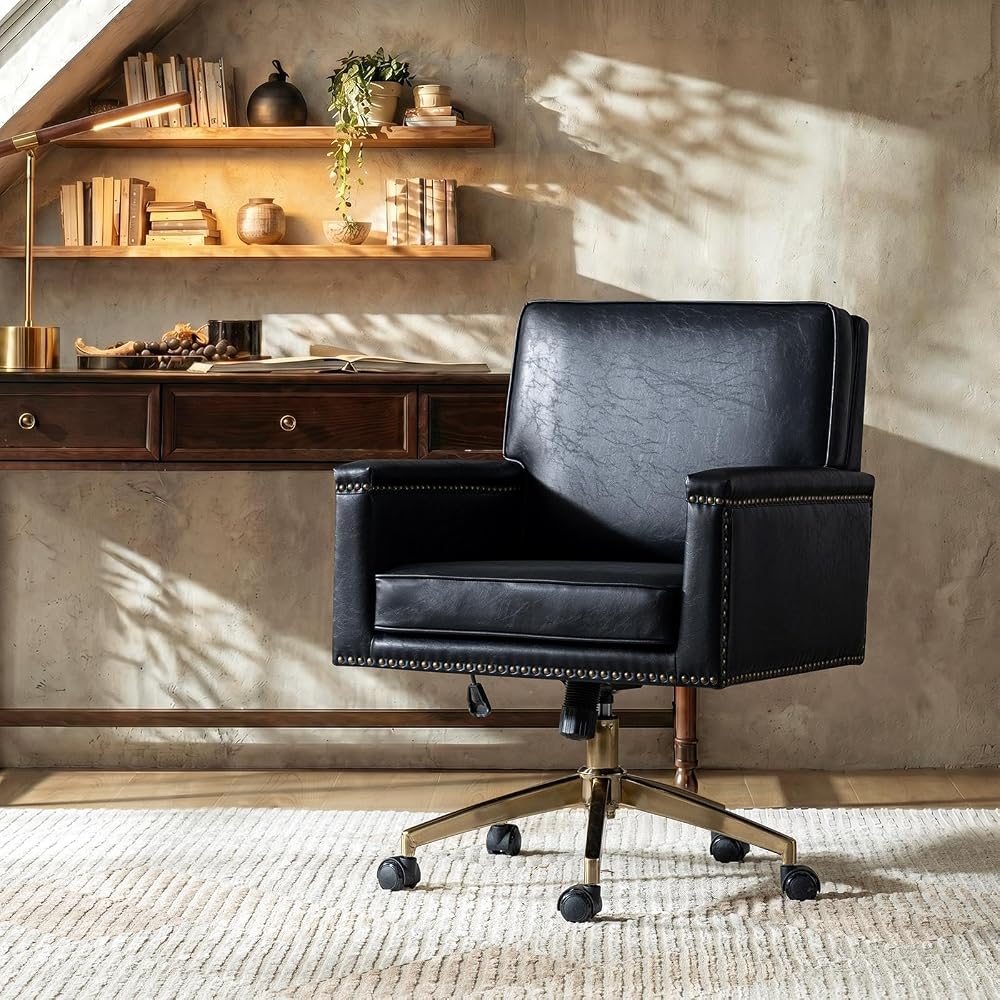 HULALA HOME Faux Leather Office Desk Chair with Rocking Tilt Function, Transitional Executive Chair with Swivel Metal Base and Nailhead Trim, Height Adjustable Upholstered Computer Task Chair, Navy