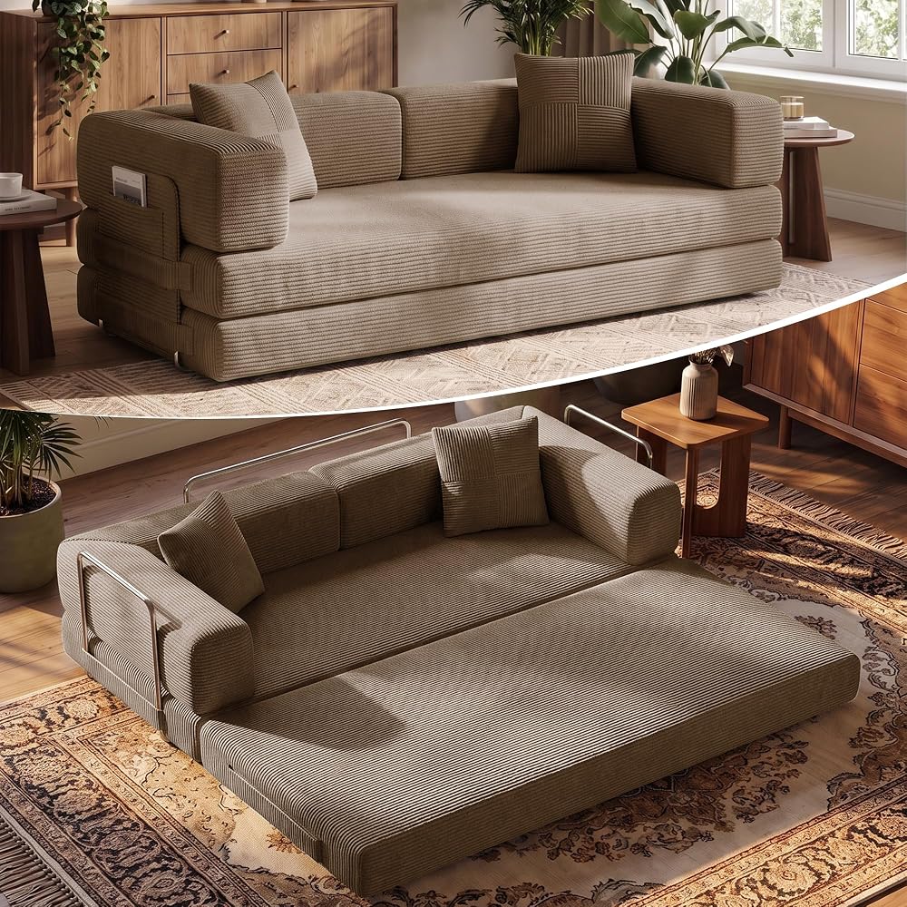 79.5" Convertible Floor Sofa Bed, 5-In-1 Corduroy Futon Couch, No Assembly